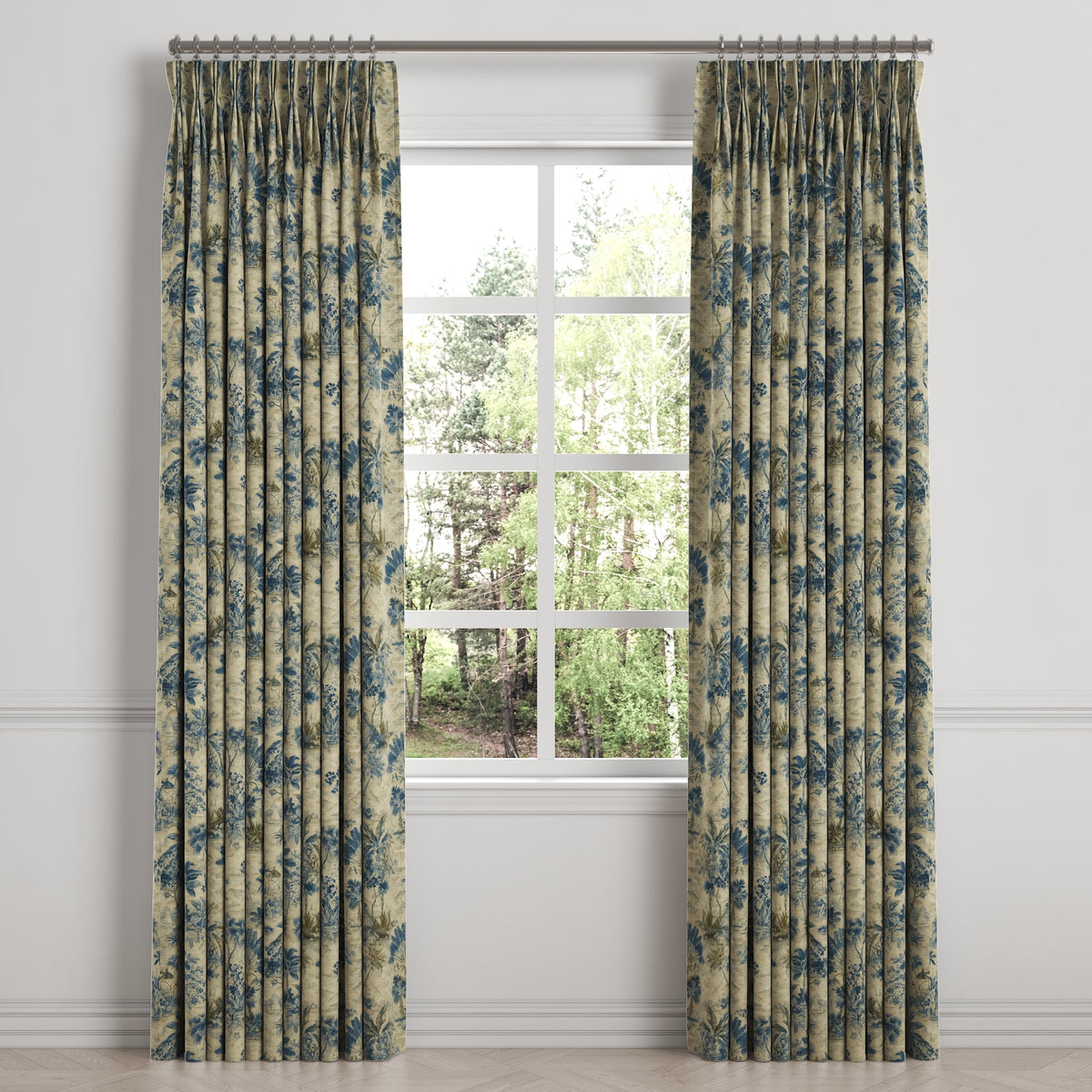 Pinch Pleat Drapery in Tropical Toile - Lagoon