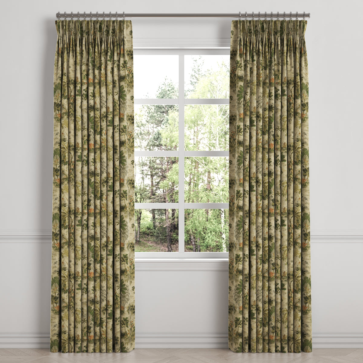 Pinch Pleat Drapery in Tropical Toile - Moonstone
