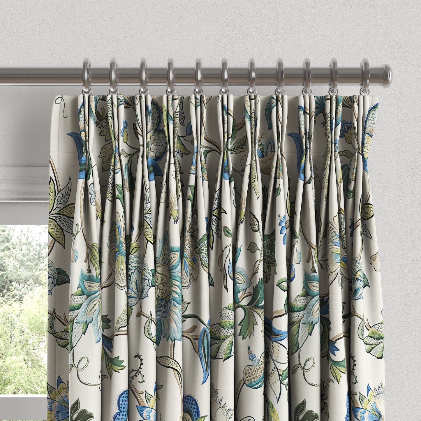 Pinch Pleat Drapery in Fleur De Leaf - True Blue