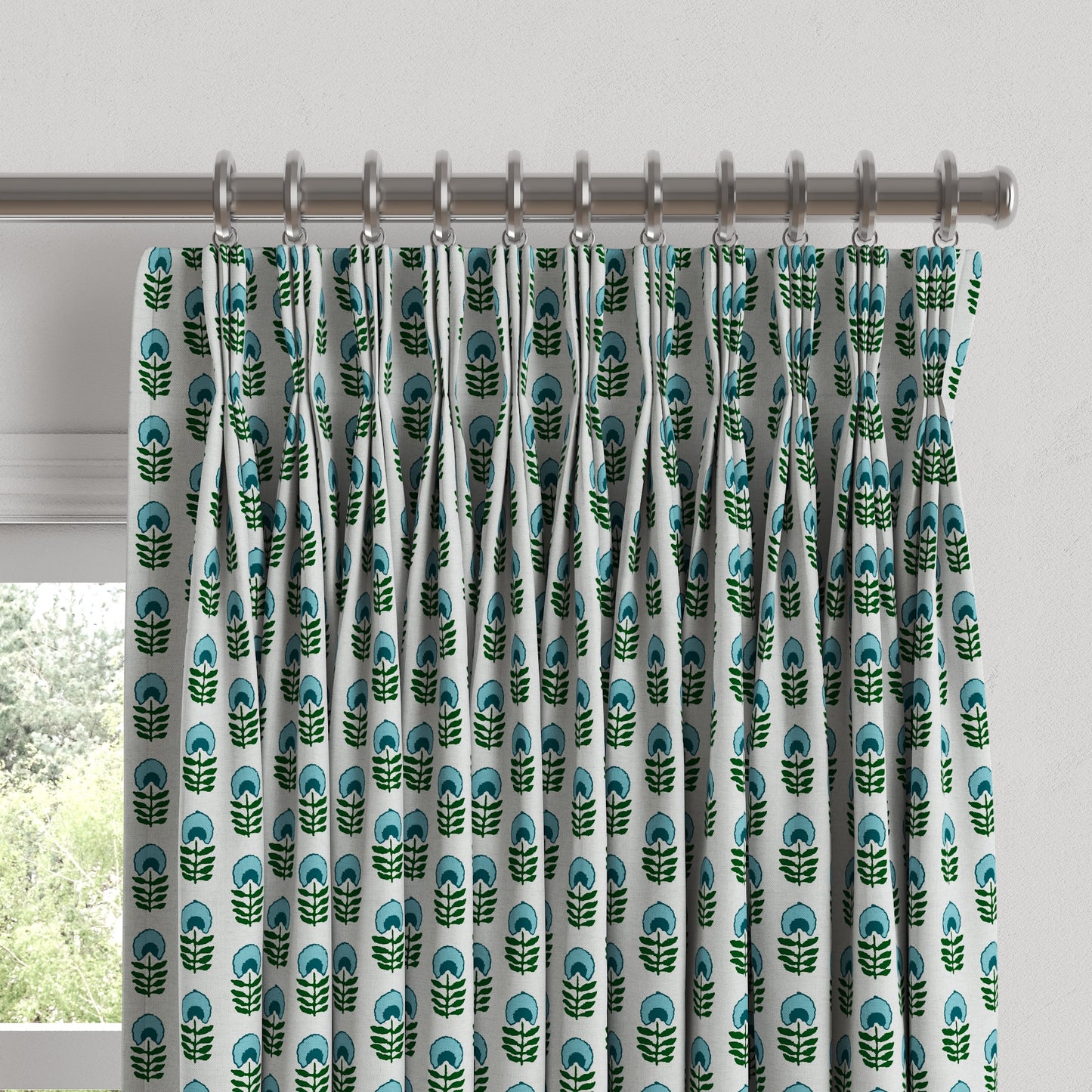 Pinch Pleat Drapery in Mini Florals - Mountain Teal