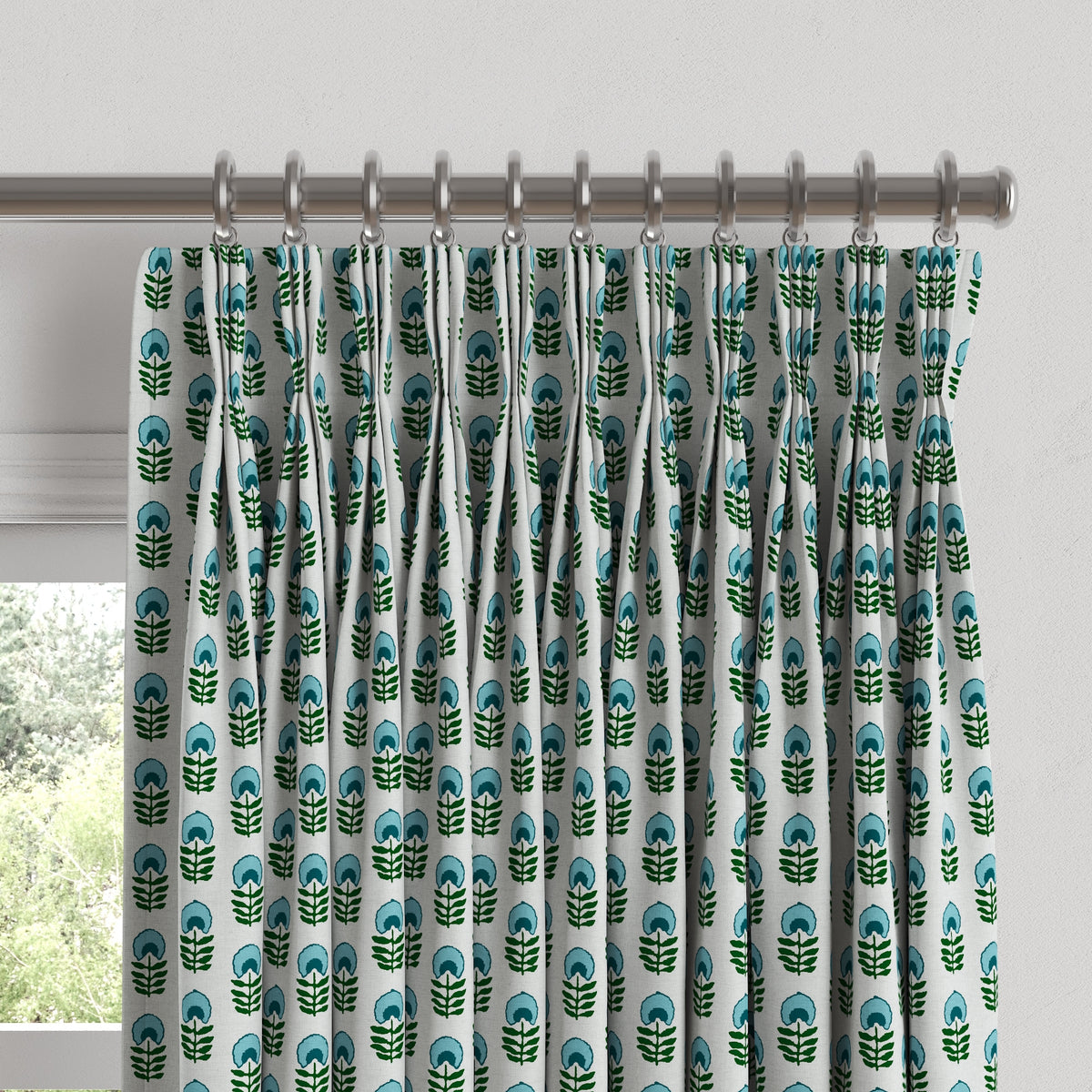 Pinch Pleat Drapery in Mini Florals - Mountain Teal