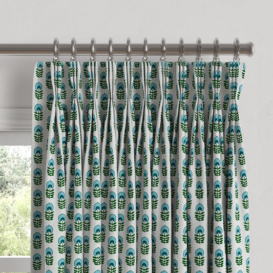 Pinch Pleat Drapery in Mini Florals - Mountain Teal