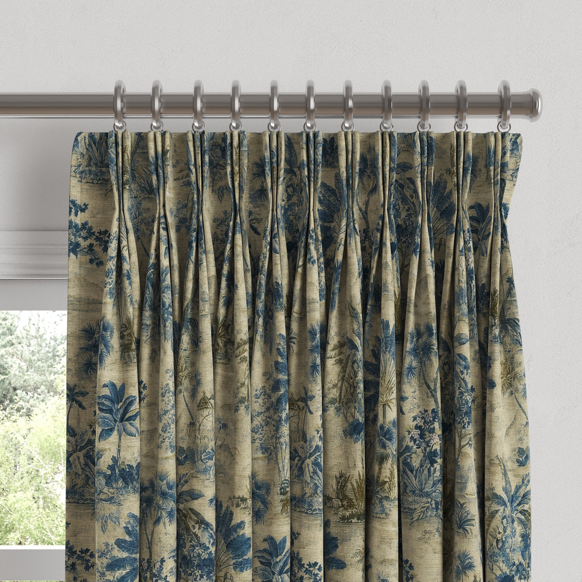 Pinch Pleat Drapery in Tropical Toile - Lagoon