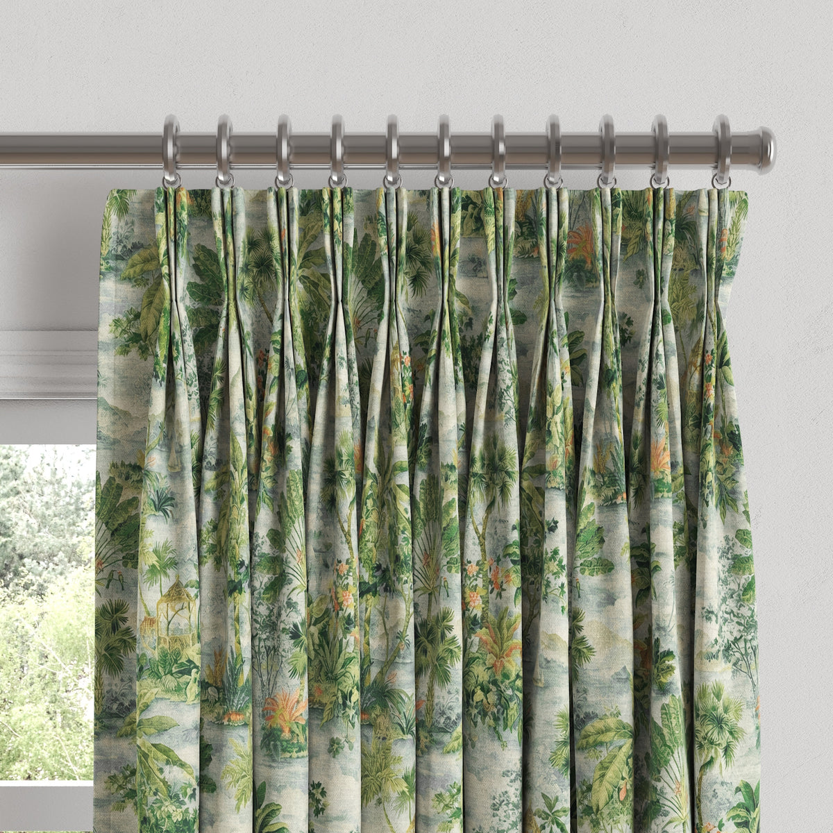 Pinch Pleat Drapery in Tropical Toile - Palm