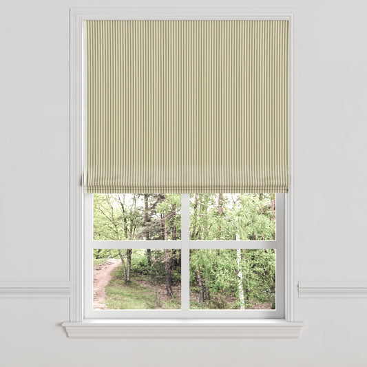 Flat Roman Shade in Little White Line - Sage