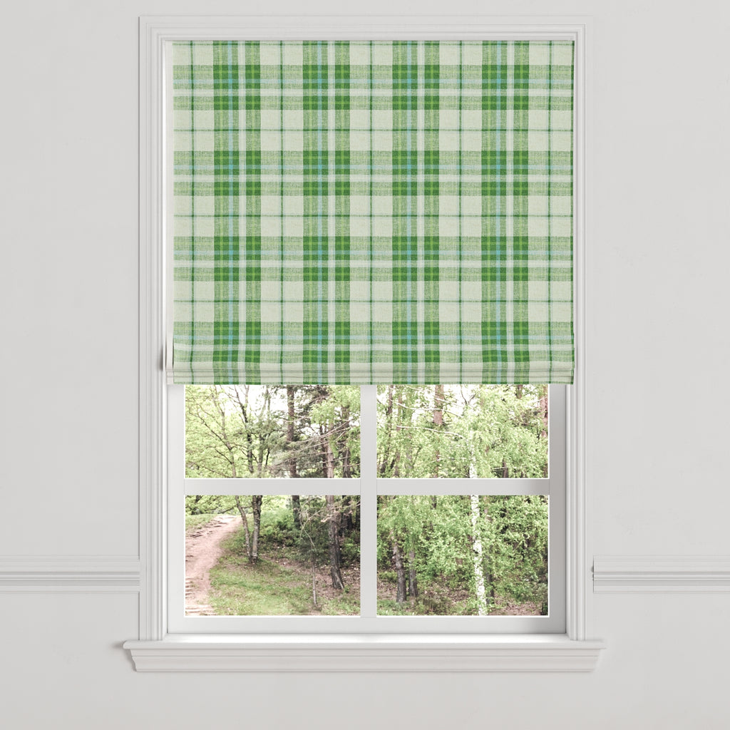 Flat Roman Shade in Summer Plaid - Green Apple
