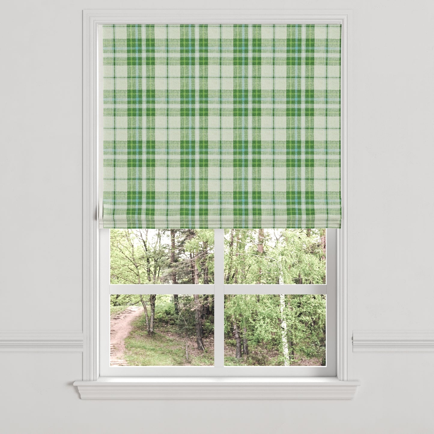 Flat Roman Shade in Summer Plaid - Green Apple