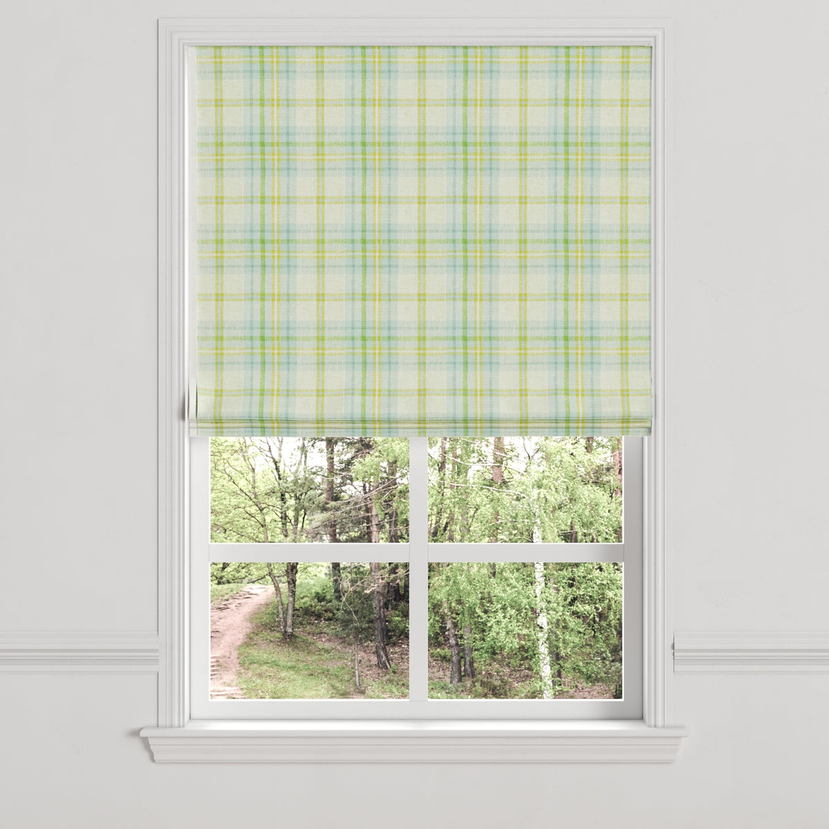 Flat Roman Shade in Summer Plaid - Seaglass