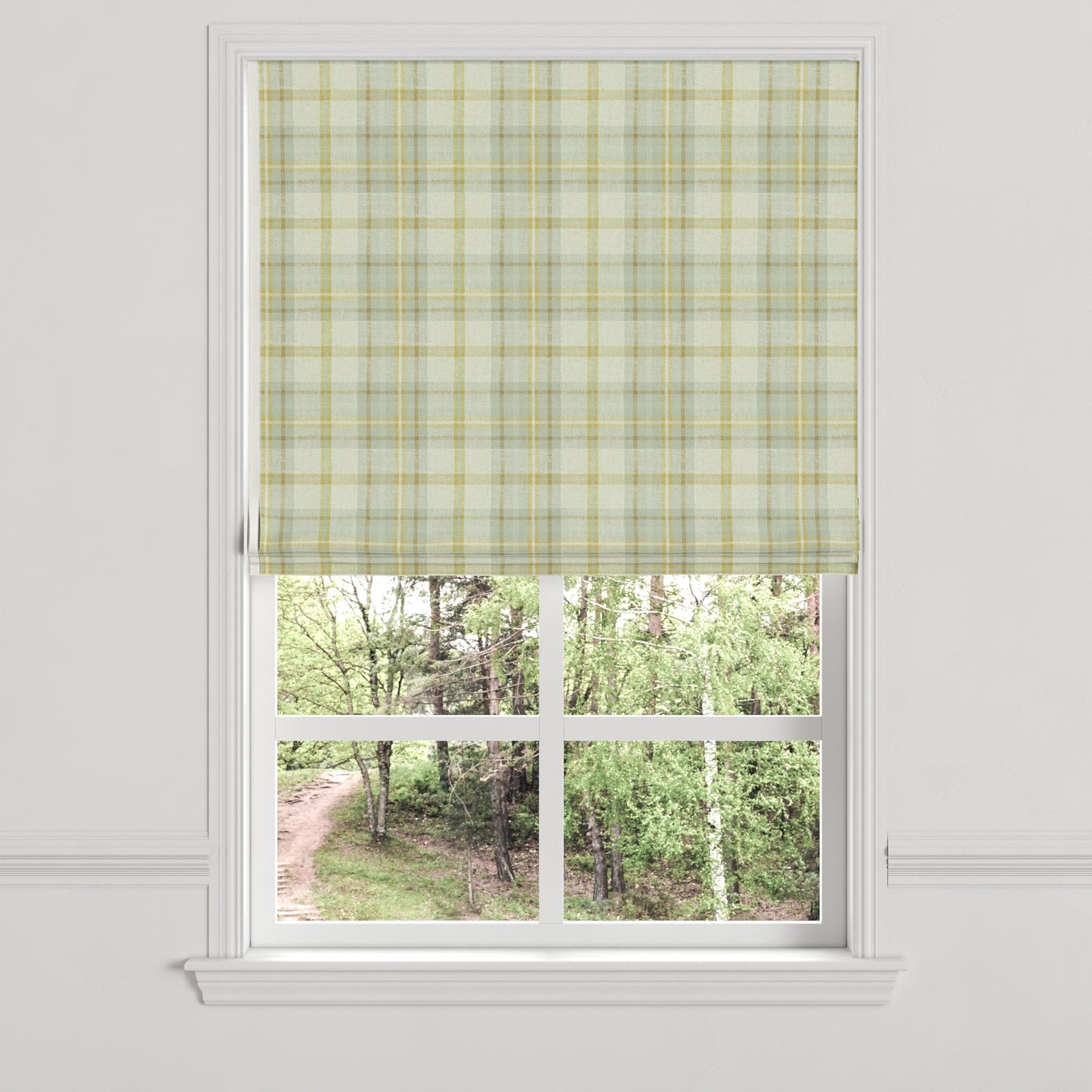Flat Roman Shade in Summer Plaid - Stone