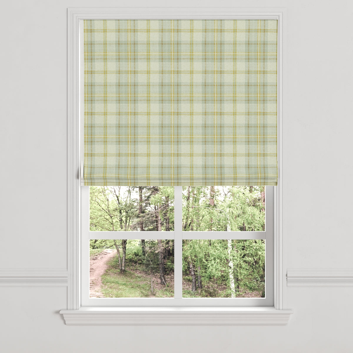 Flat Roman Shade in Summer Plaid - Stone
