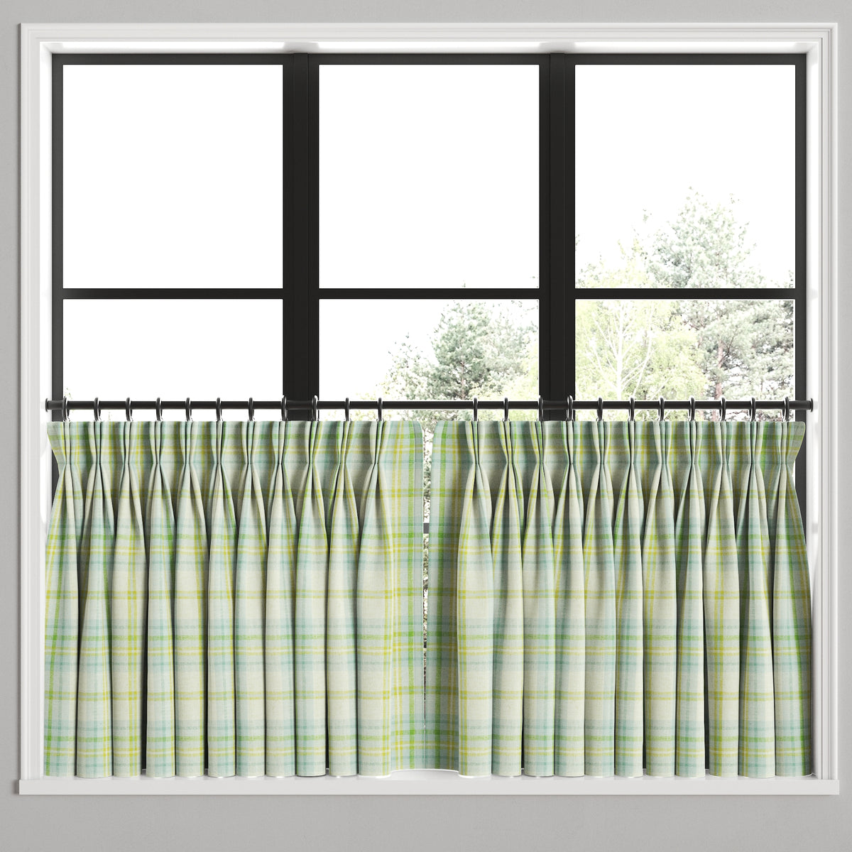 Pinch Pleat Cafe Curtains in Summer Plaid - Seaglass