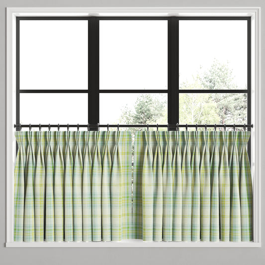 Pinch Pleat Cafe Curtains in Summer Plaid - Seaglass