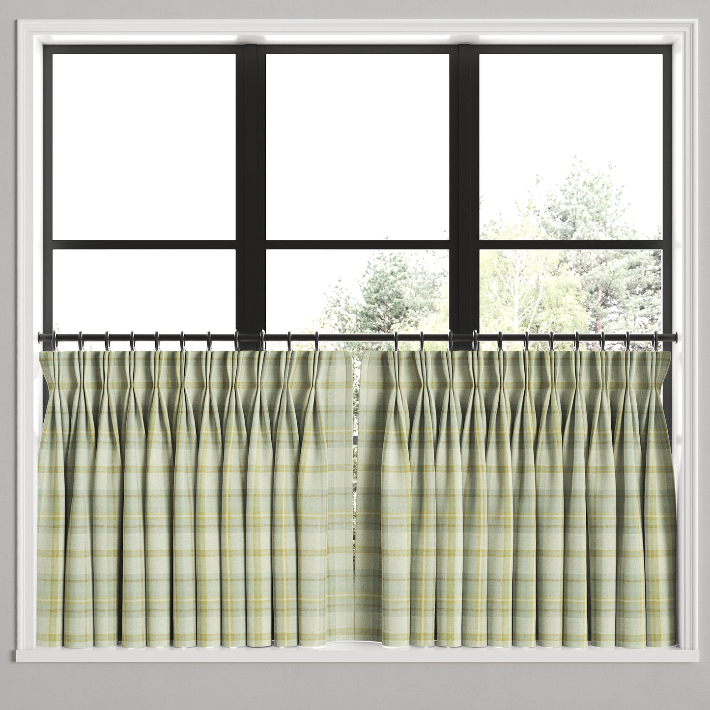 Pinch Pleat Cafe Curtains in Summer Plaid - Stone