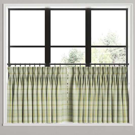 Pinch Pleat Cafe Curtains in Summer Plaid - Stone