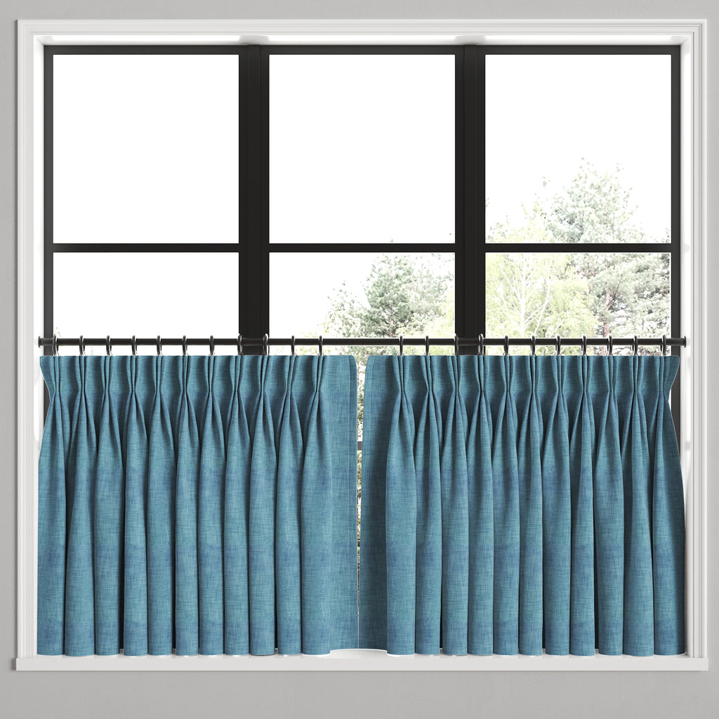 Pinch Pleat Cafe Curtains in Woven Cotton - Deep Blue