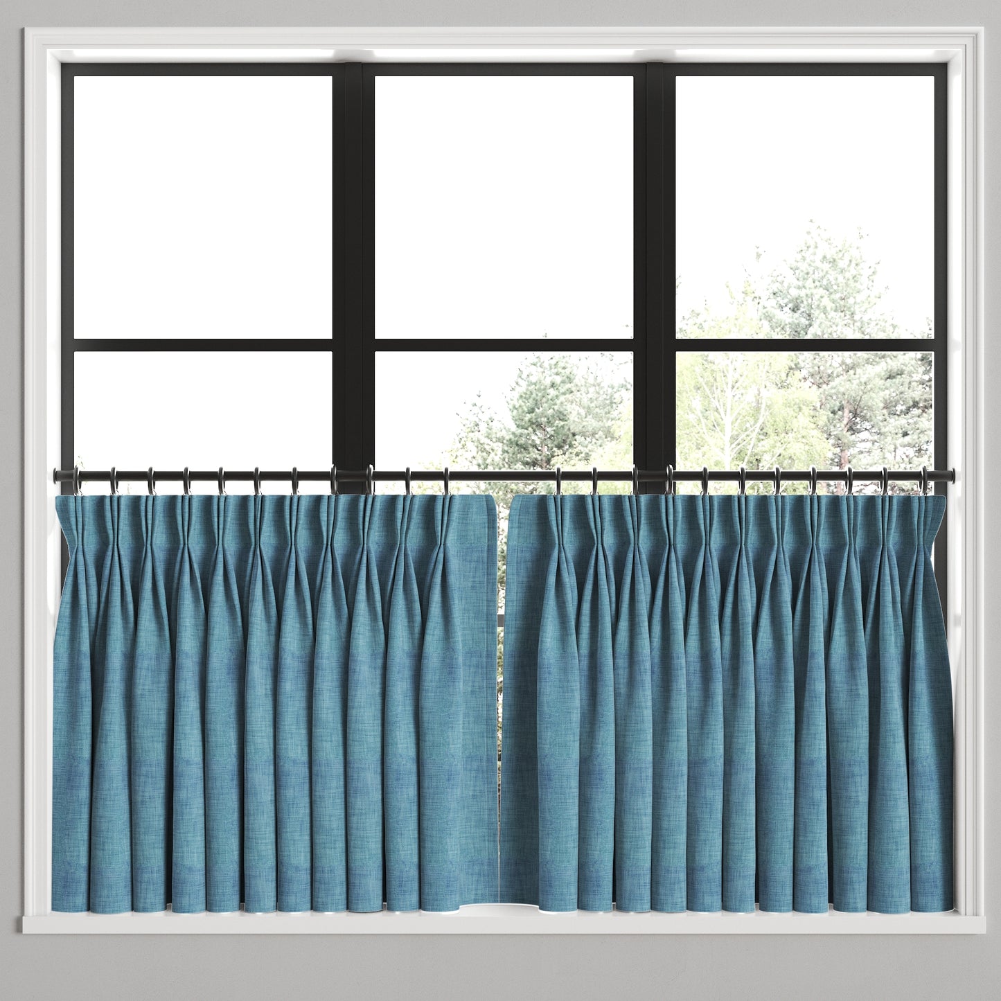 Pinch Pleat Cafe Curtains in Woven Cotton - Deep Blue