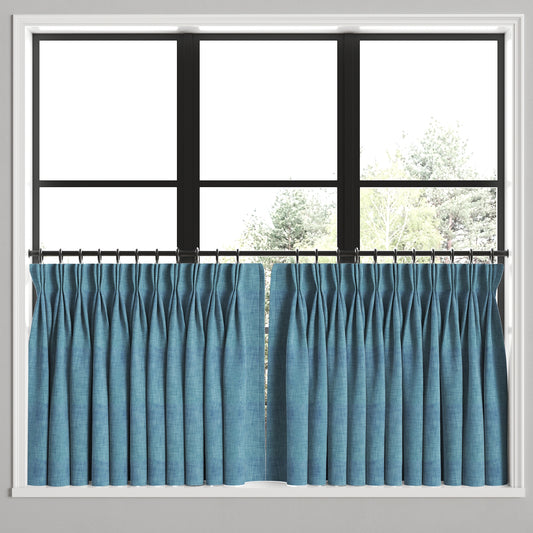 Pinch Pleat Cafe Curtains in Woven Cotton - Deep Blue