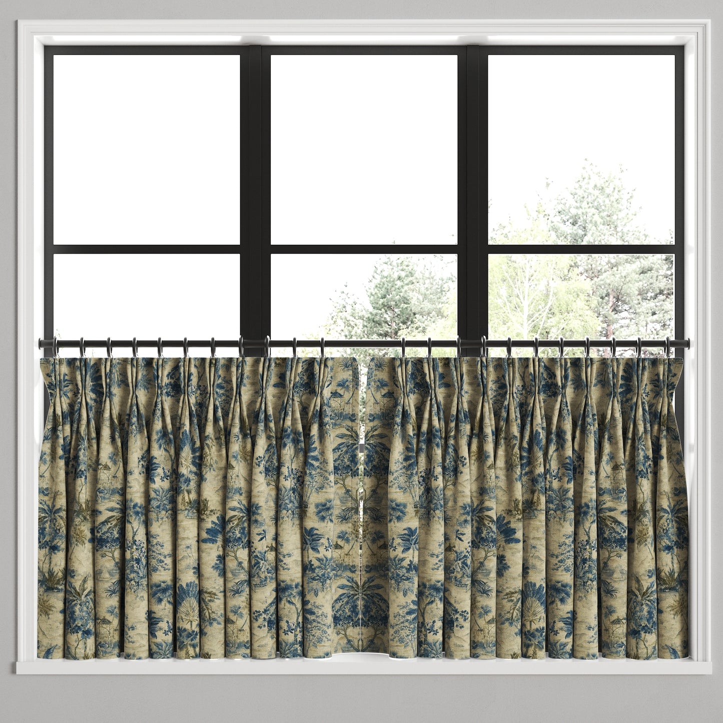 Pinch Pleat Cafe Curtains in Tropical Toile - Lagoon