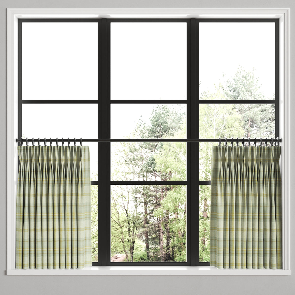 Pinch Pleat Cafe Curtains in Summer Plaid - Stone