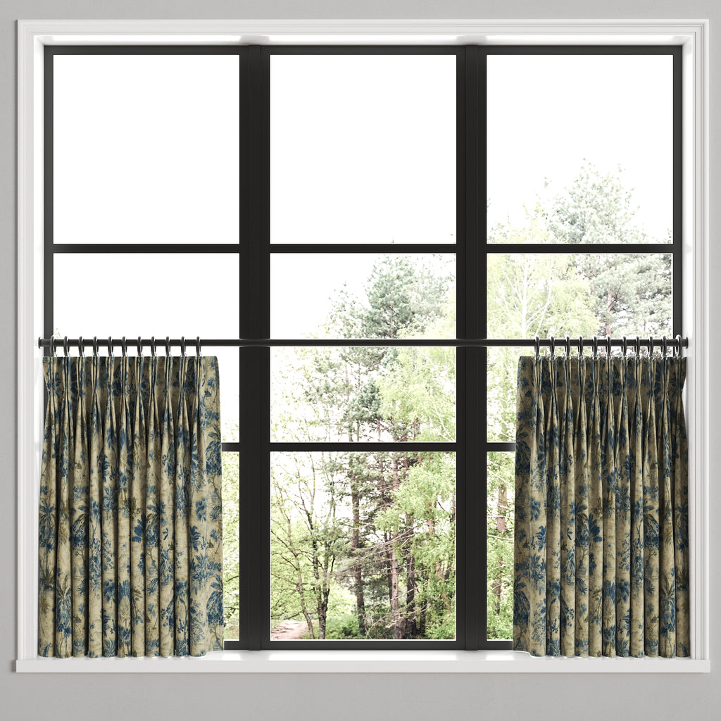 Pinch Pleat Cafe Curtains in Tropical Toile - Lagoon
