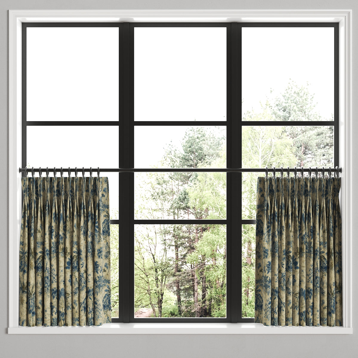 Pinch Pleat Cafe Curtains in Tropical Toile - Lagoon