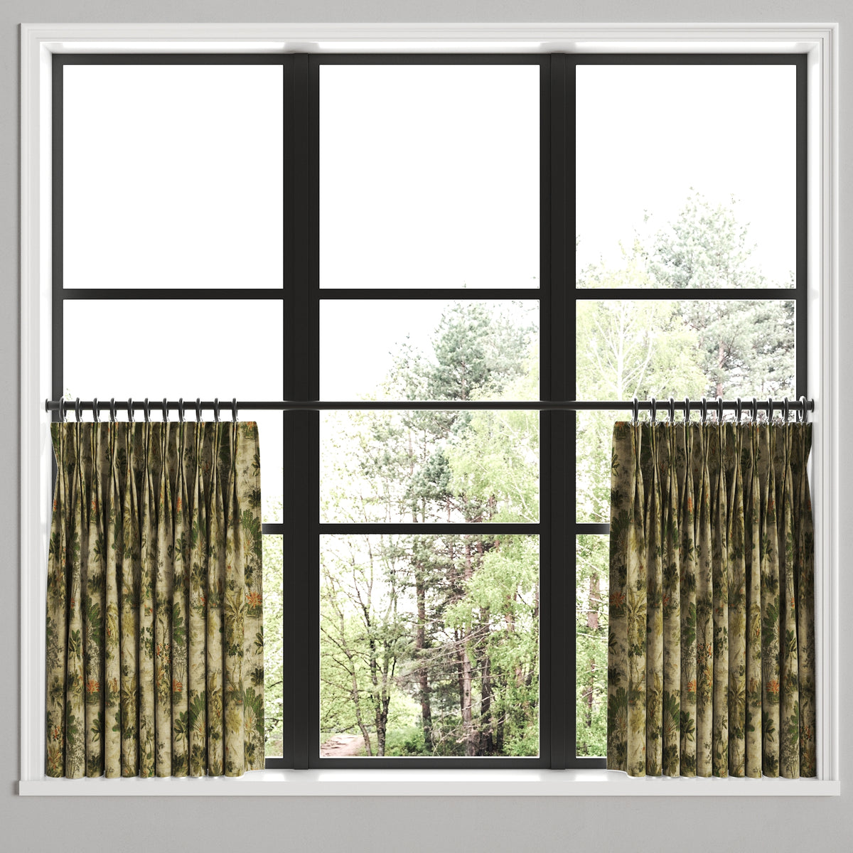 Pinch Pleat Cafe Curtains in Tropical Toile - Moonstone