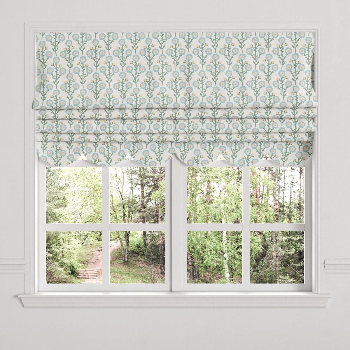 Flat Roman Shade in Cottage Flowers - Cool Blue