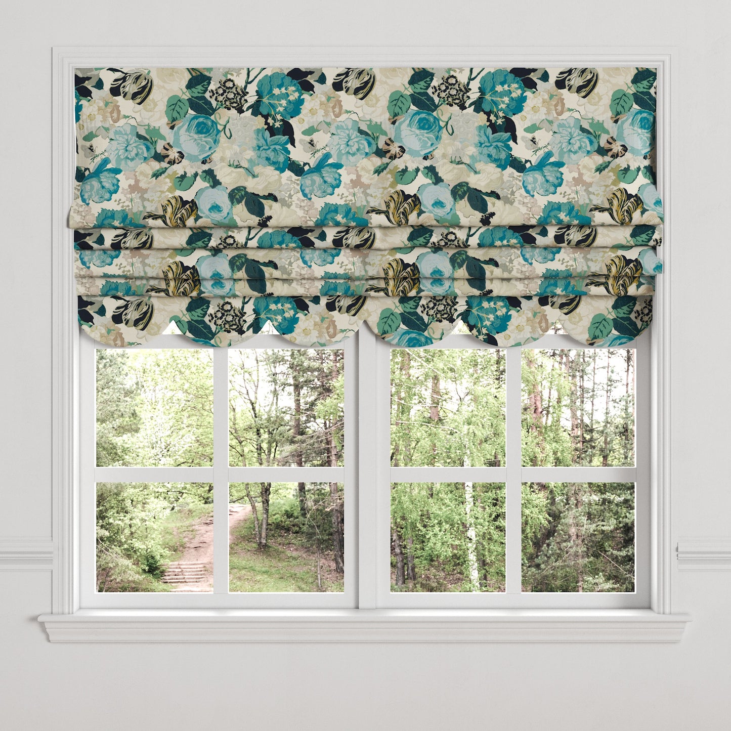Flat Roman Shade in Garden Tea Time - Blue Haze