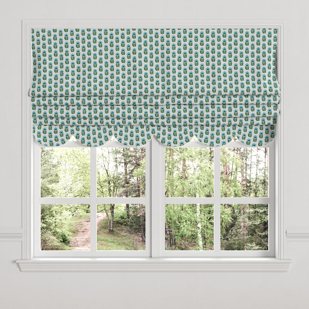 Flat Roman Shade in Mini Florals - Mountain Teal