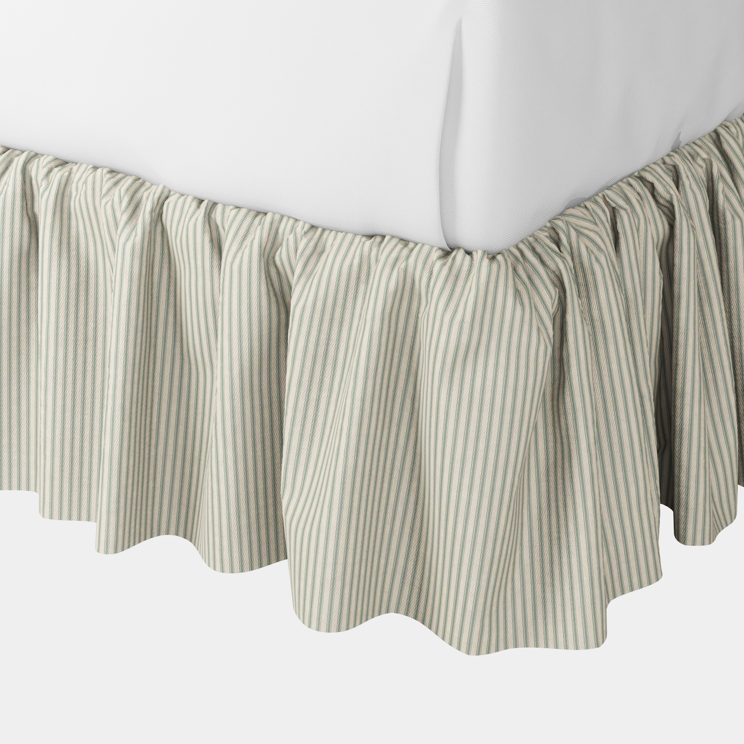 Ruffle Bedskirt in Little White Line - Seaglass