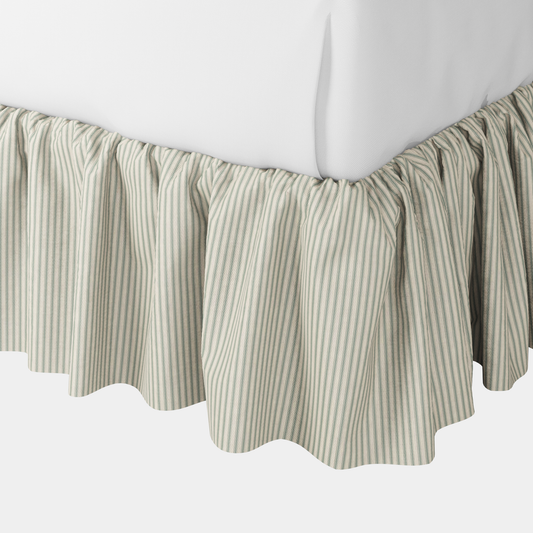 Ruffle Bedskirt in Little White Line - Seaglass