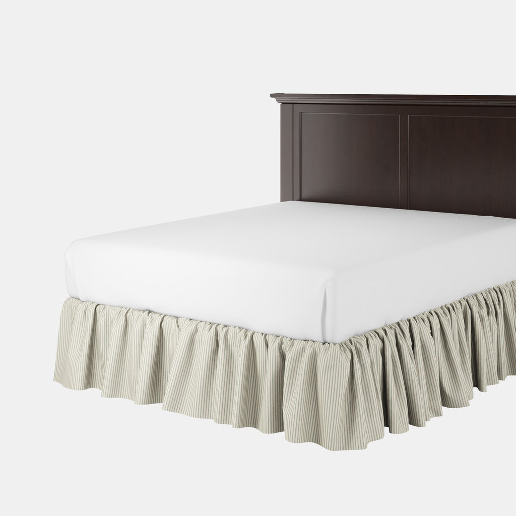 Ruffle Bedskirt in Little White Line - Seaglass