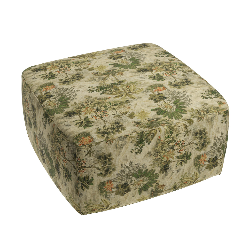 Square Pouf in Tropical Toile - Moonstone