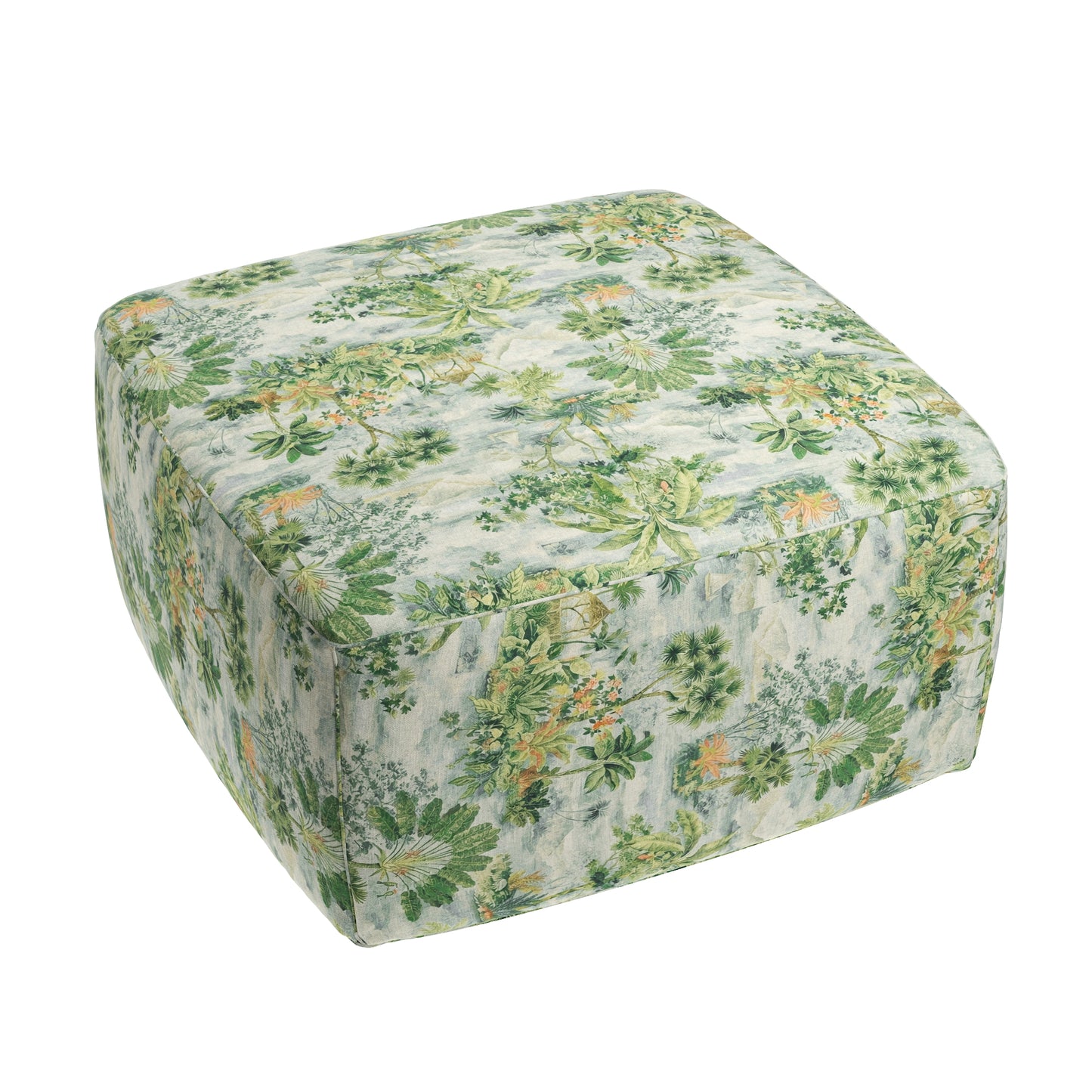 Square Pouf in Tropical Toile - Palm