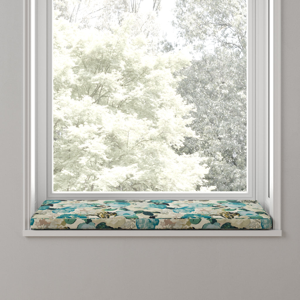 Custom Bench Cushion in Garden Tea Time - Blue Haze
