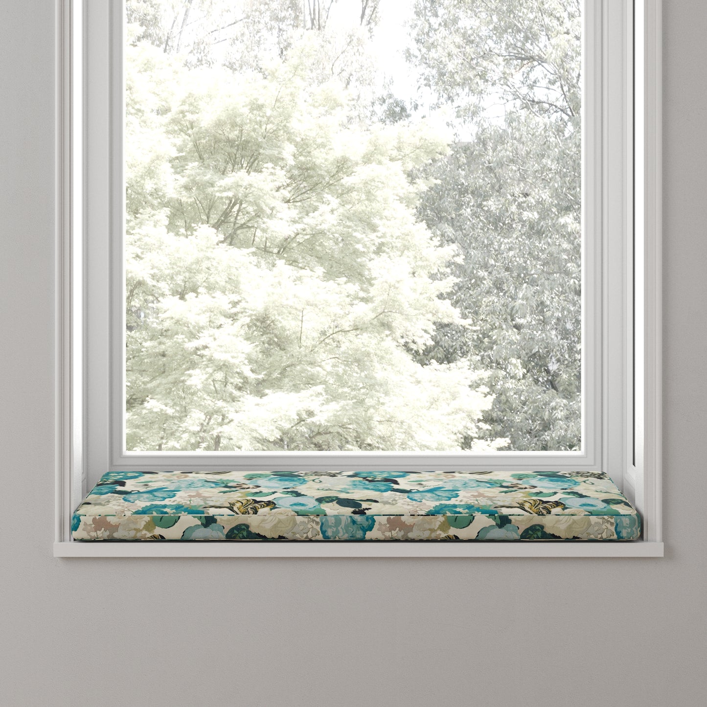 Custom Bench Cushion in Garden Tea Time - Blue Haze