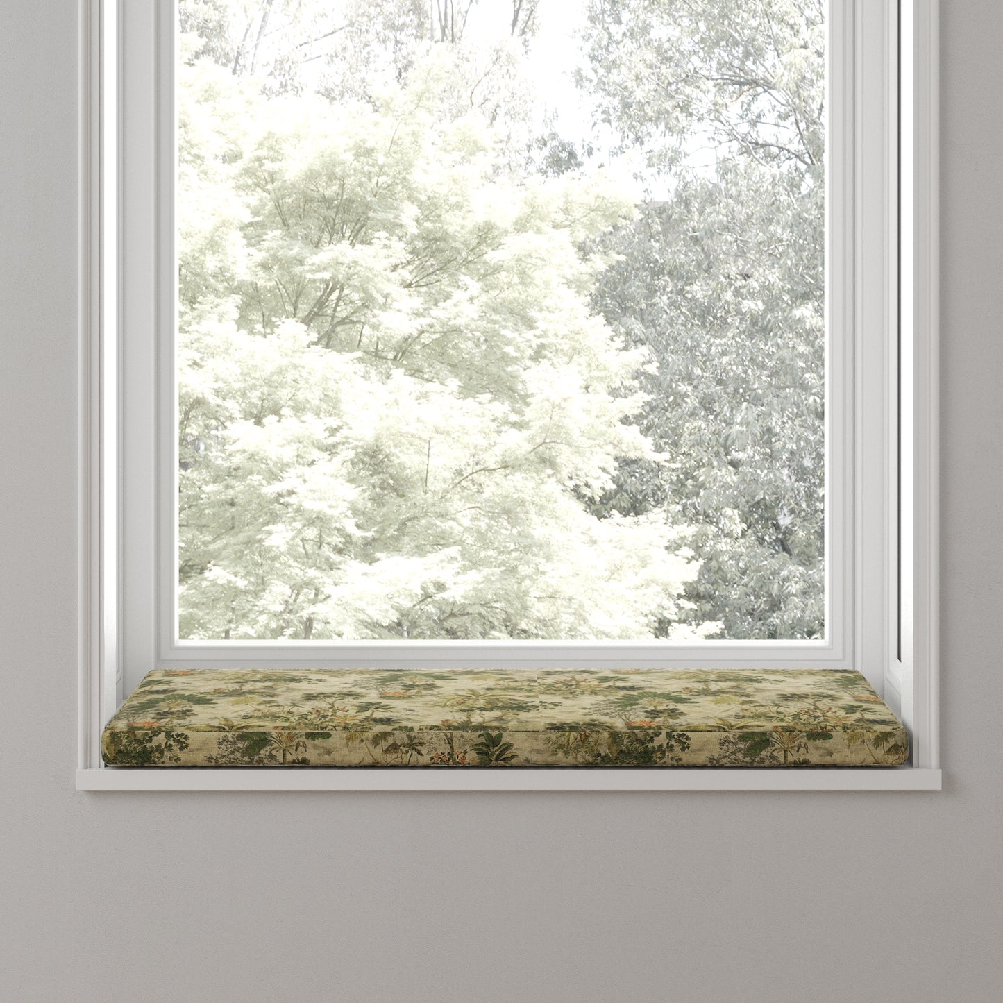 Custom Bench Cushion in Tropical Toile - Moonstone