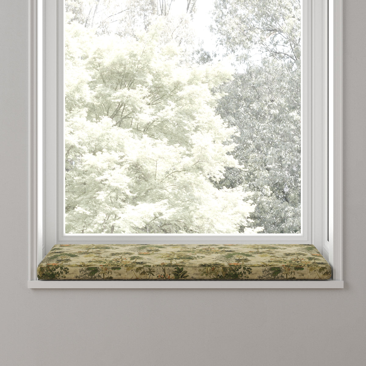 Custom Bench Cushion in Tropical Toile - Moonstone
