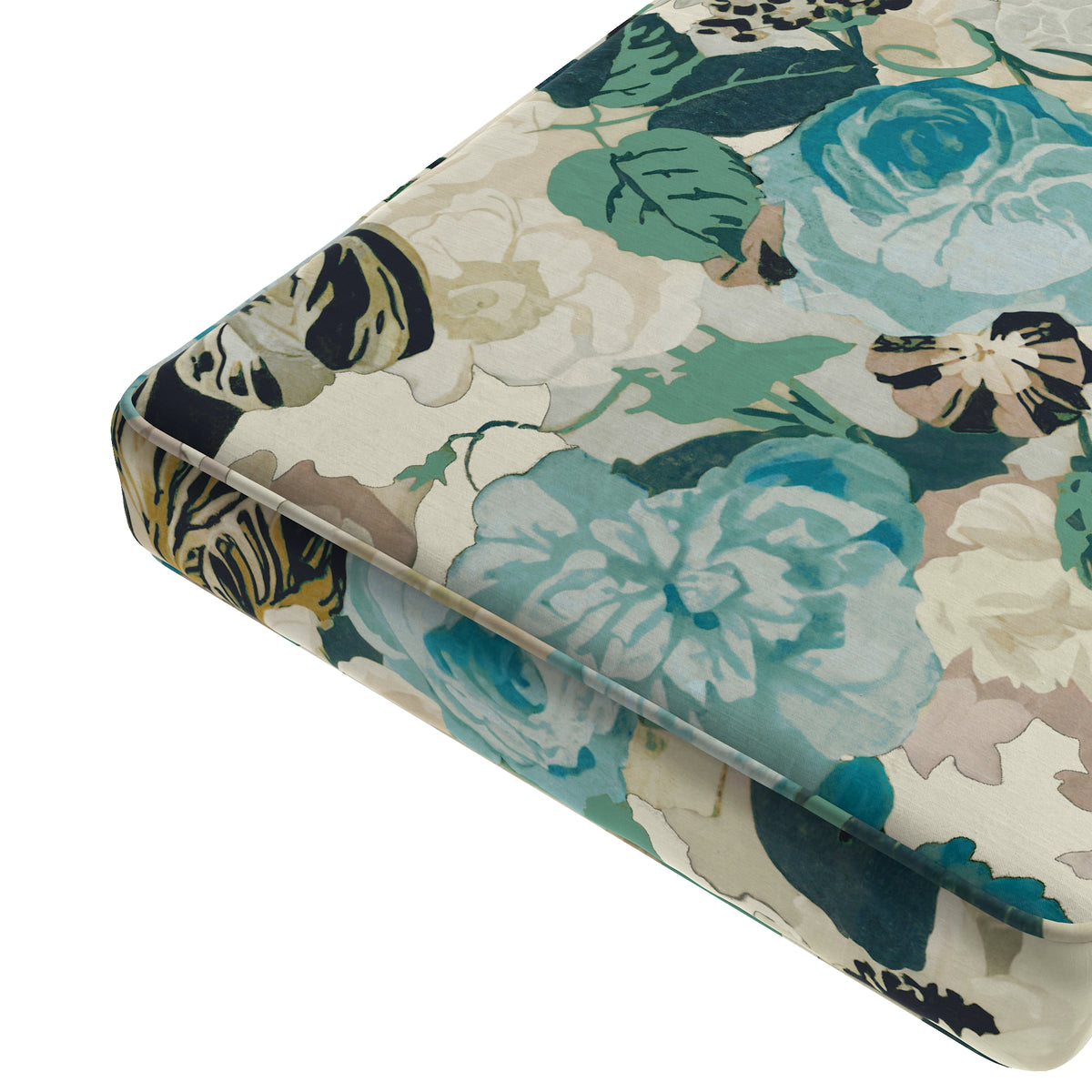 Custom Bench Cushion in Garden Tea Time - Blue Haze