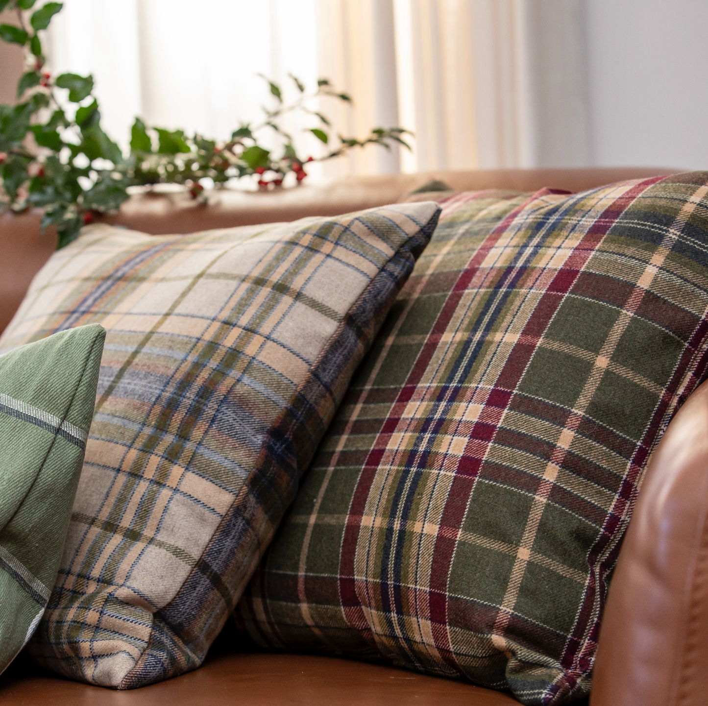 Circular Throw Pillow in Tartan Cappuccino