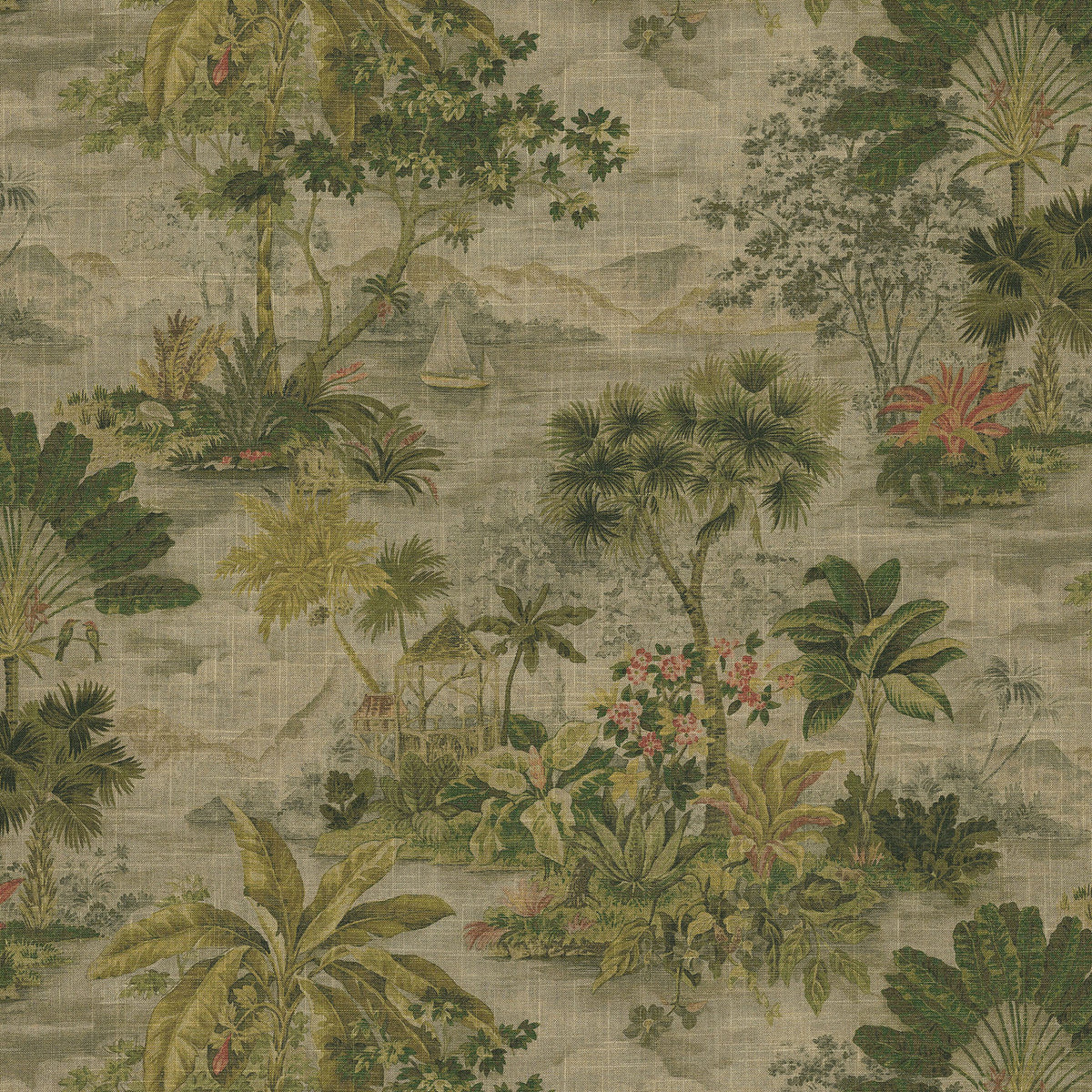 Square Pouf in Tropical Toile - Moonstone
