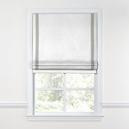 Flat Roman Shade in White Linen with Ash Key Trim