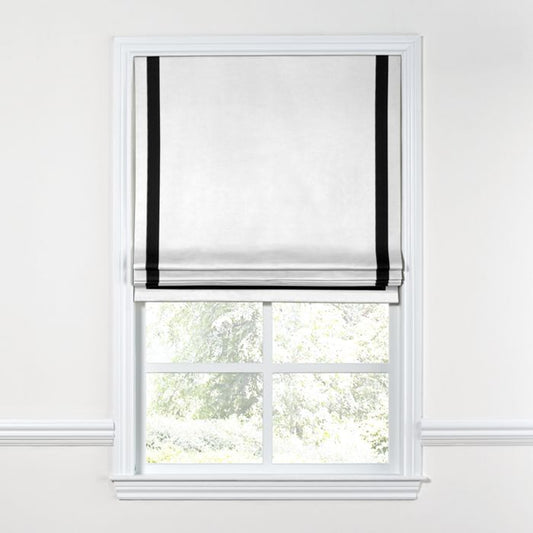 Flat Roman Shade in White Linen with Black Trim