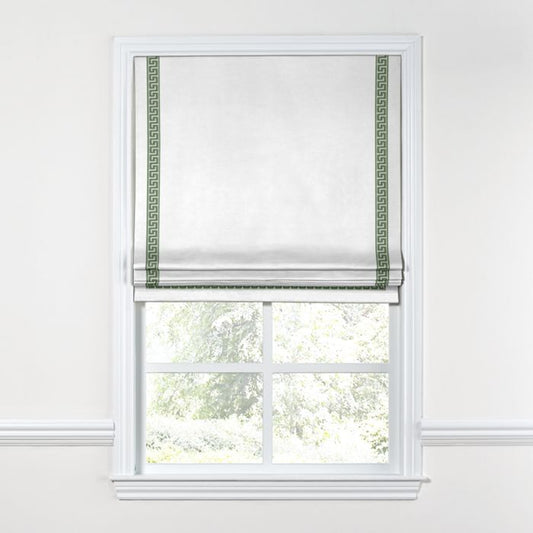 Flat Roman Shade in White Linen with Emerald Key Trim