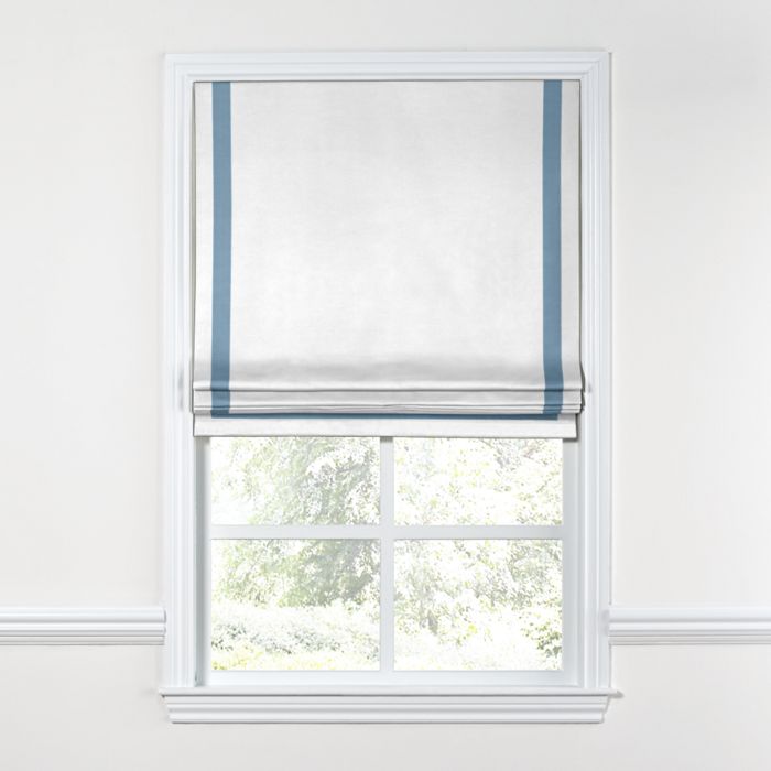Flat Roman Shade in White Linen with Blue Trim