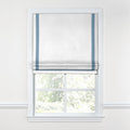 Flat Roman Shade in White Linen with Blue Trim