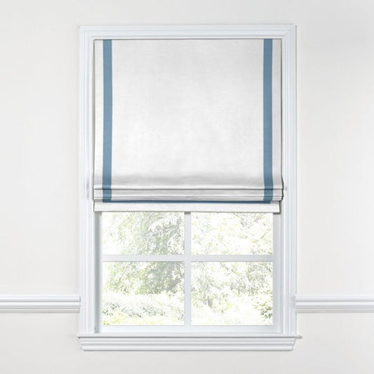 Flat Roman Shade in White Linen with Blue Trim