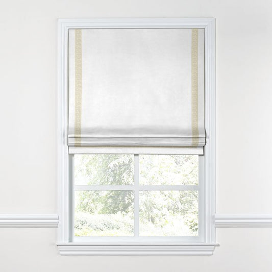 Flat Roman Shade in White Linen with Porcelain Key Trim