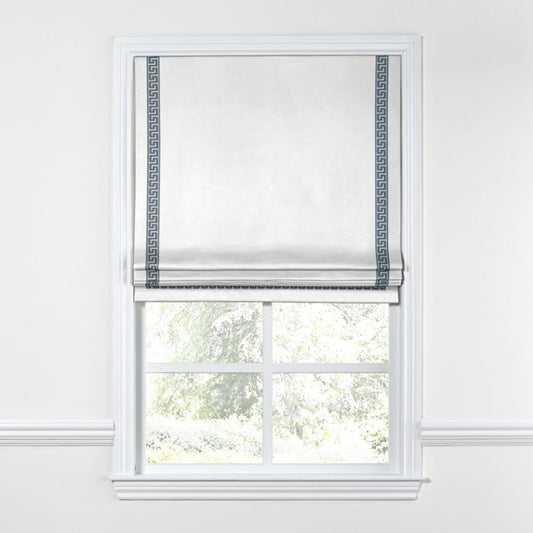 Flat Roman Shade in White Linen with Sapphire Key Trim