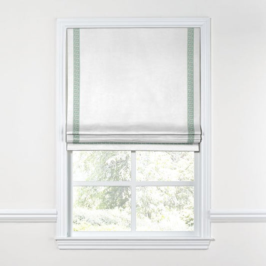 Flat Roman Shade in White Linen with Surf Key Trim